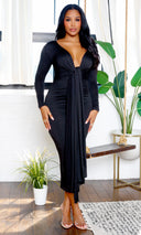 Eloise | Long Sleeve V-Neck Maxi Dress with Front Tie - Black - Cutely Covered