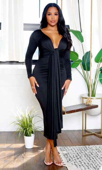 Eloise | Long Sleeve V-Neck Maxi Dress with Front Tie - Black