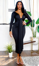 Eloise | Long Sleeve V-Neck Maxi Dress with Front Tie - Black - Cutely Covered