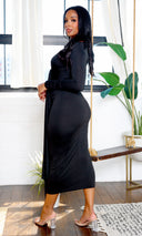Eloise | Long Sleeve V-Neck Maxi Dress with Front Tie - Black - Cutely Covered