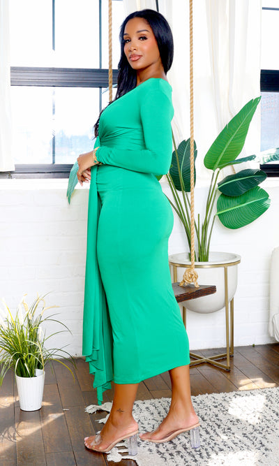 Eloise | Long Sleeve V-Neck Maxi Dress with Front Tie - Green