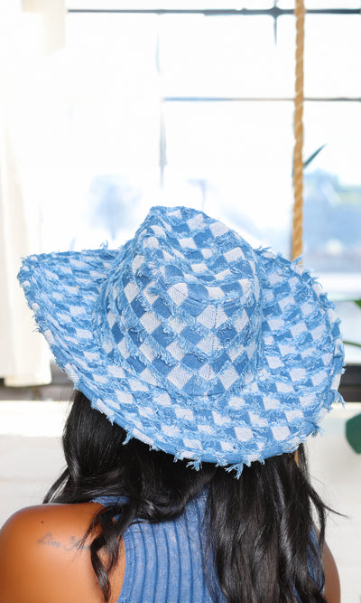 Eva | Ripped Checkered Cowboy Hat - Blue