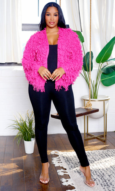 Natalie | Shaggy Knit Cardigan in Hot Pink