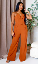 Harlow Woven Belted Tuxedo Jumpsuit - Rust - Cutely Covered