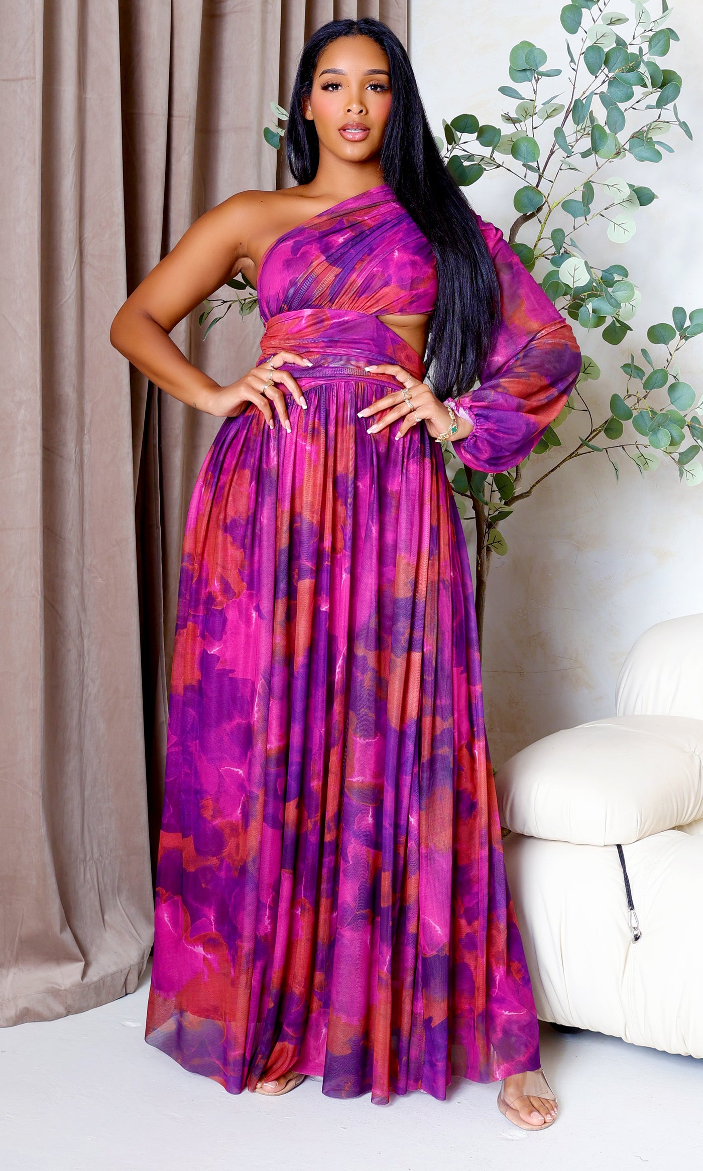 Naia | Mesh One-Sleeve Flowing Maxi Dress - Purple Multi