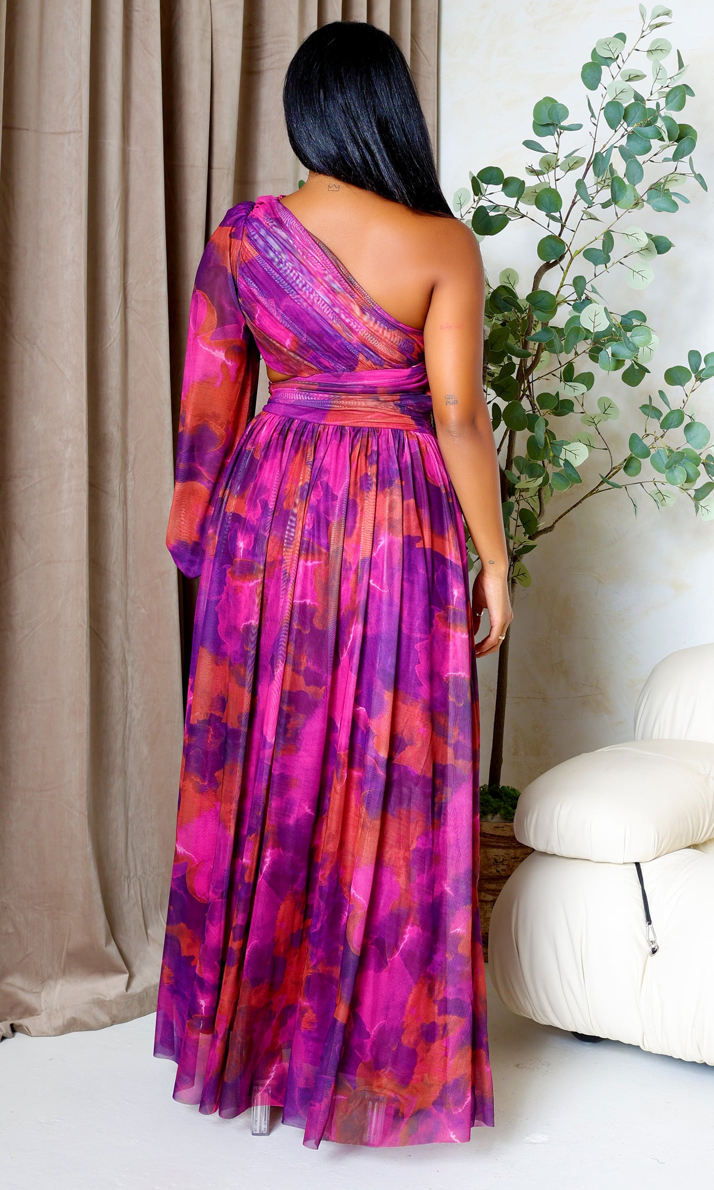 Naia | Mesh One-Sleeve Flowing Maxi Dress - Purple Multi