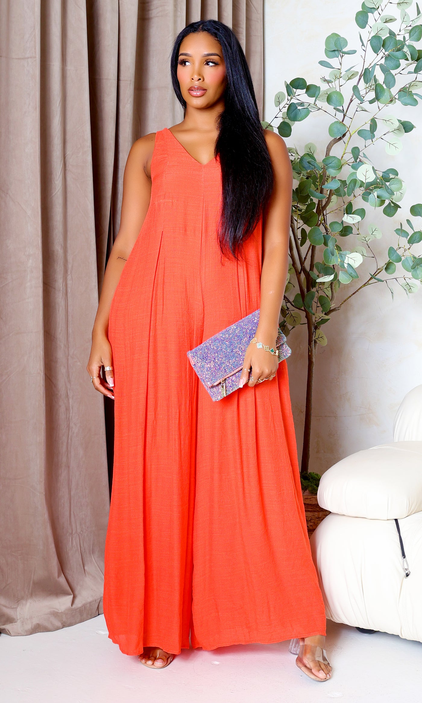 V-Neck Woven Jumpsuit - Orange