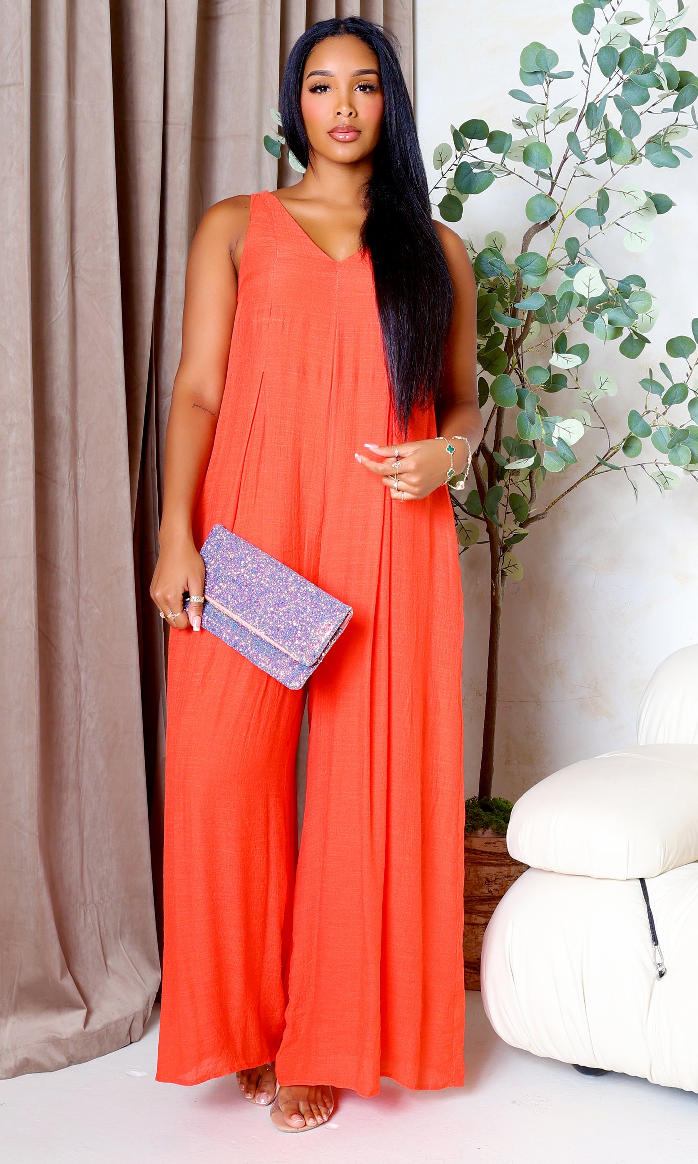 V-Neck Woven Jumpsuit - Orange