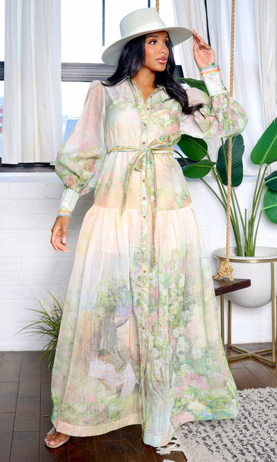 Emery | Floral Long Sleeve Belted Maxi Dress - Blush