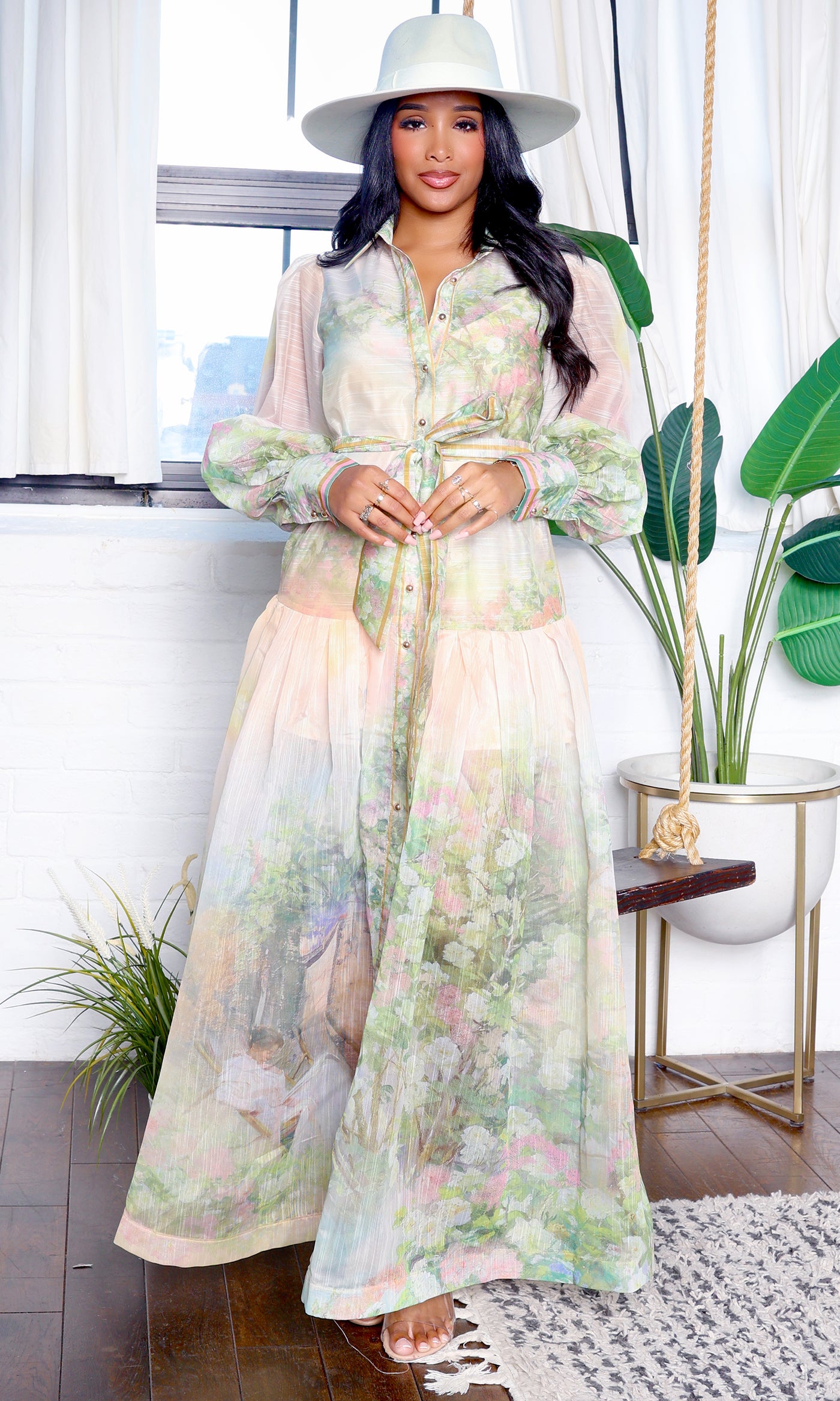 Emery | Floral Long Sleeve Belted Maxi Dress - Blush