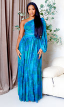 Naia | Mesh One-Sleeve Flowing Maxi Dress - Teal Multi - Cutely Covered