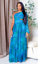 Naia | Mesh One-Sleeve Flowing Maxi Dress - Teal Multi - Cutely Covered