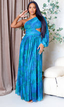 Naia | Mesh One-Sleeve Flowing Maxi Dress - Teal Multi - Cutely Covered