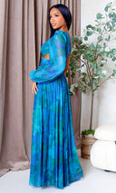 Naia | Mesh One-Sleeve Flowing Maxi Dress - Teal Multi - Cutely Covered