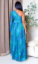 Naia | Mesh One-Sleeve Flowing Maxi Dress - Teal Multi - Cutely Covered