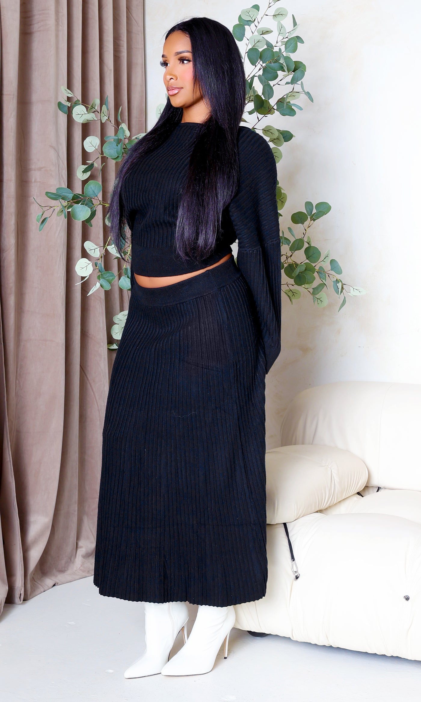 Nia| Neutral Boat Neck Sweater & A-Line Ribbed Knit Skirt - Black