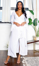 Dinah | Long Tassel Sleeve V-Neck Wrap Maxi Dress - White - Cutely Covered