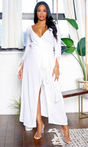 Dinah | Long Tassel Sleeve V-Neck Wrap Maxi Dress - White - Cutely Covered
