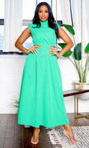 Marietta | Sleeveless High-Neck A-Line Maxi Dress - Green PREORDER - Cutely Covered