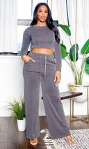 Parker | Long Sleeve Crop Top and Wide Leg Pants Set - Grey - Cutely Covered