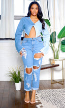 Melanie | Stylish V-Neck Long Sleeve Top - Denim - Cutely Covered