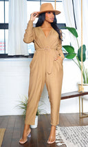 Jade | Long Sleeve V-Neck Surplice Jumpsuit with Pockets - Mocha - Cutely Covered