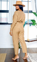 Jade | Long Sleeve V-Neck Surplice Jumpsuit with Pockets - Mocha - Cutely Covered
