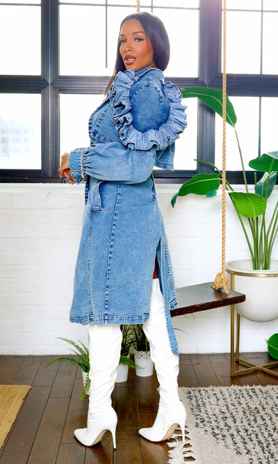 Octavia Sleeve Ruffle Jacket Coat - Denim