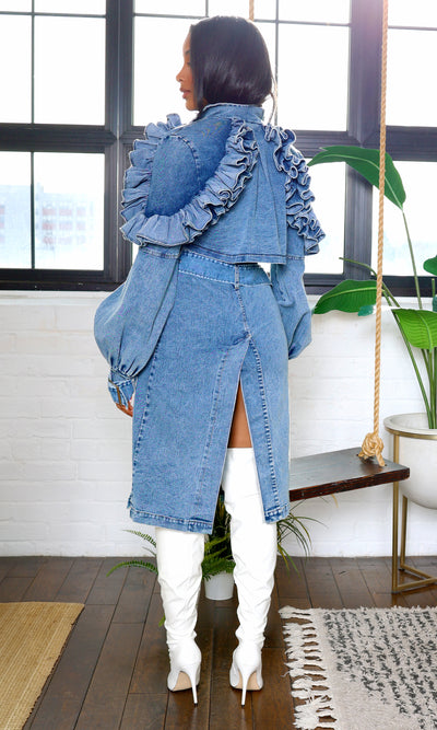 Octavia Sleeve Ruffle Jacket Coat - Denim