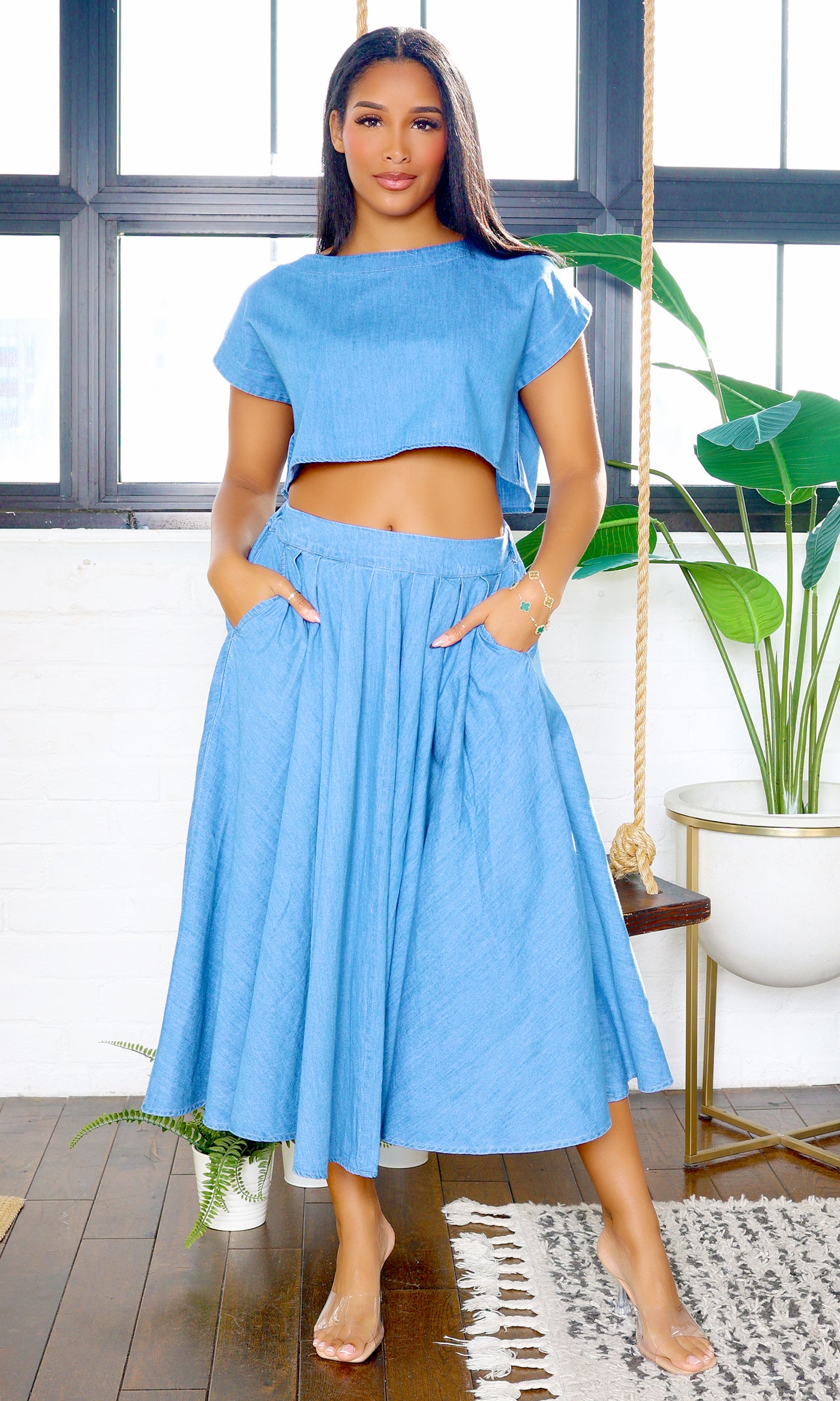 Paula | Perfect Crop Top and Midi Skirt Set - Denim