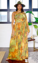 Naia | Mesh One-Sleeve Flowing Maxi Dress - Olive Multi - Cutely Covered
