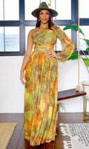 Naia | Mesh One-Sleeve Flowing Maxi Dress - Olive Multi - Cutely Covered