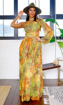 Naia | Mesh One-Sleeve Flowing Maxi Dress - Olive Multi - Cutely Covered