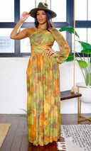 Naia | Mesh One-Sleeve Flowing Maxi Dress - Olive Multi - Cutely Covered