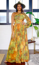 Naia | Mesh One-Sleeve Flowing Maxi Dress - Olive Multi - Cutely Covered