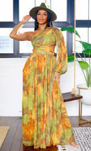 Naia | Mesh One-Sleeve Flowing Maxi Dress - Olive Multi - Cutely Covered