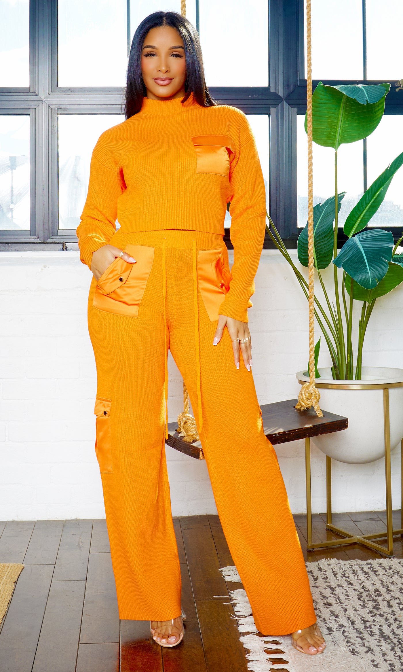 Gia Knit Crop Turtleneck Sweater & Pants Set - Orange