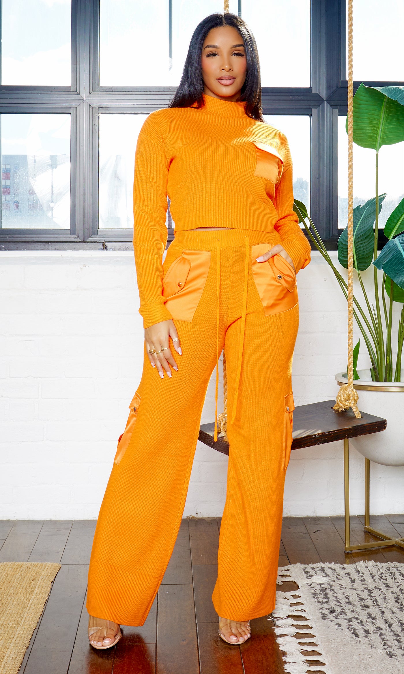 Gia Knit Crop Turtleneck Sweater & Pants Set - Orange