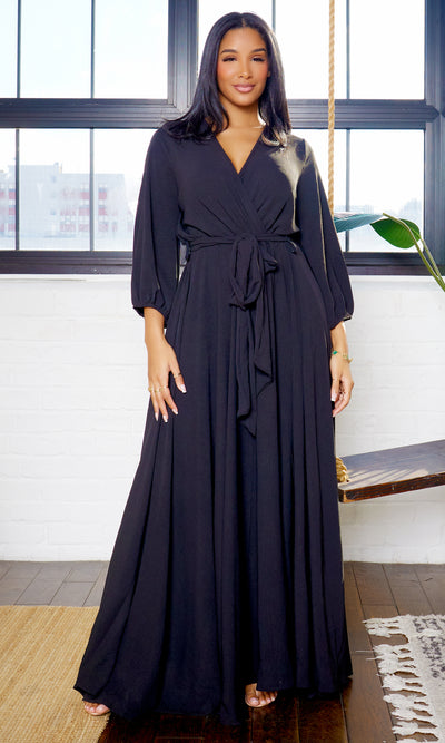 Aubree V-cut long sleeve Flowy Maxi Dress - Black