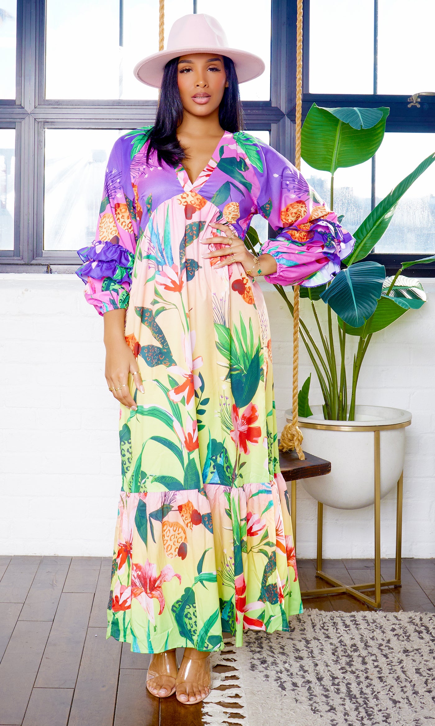 Ryleigh V-Neck Long Sleeve Printed Long Dress