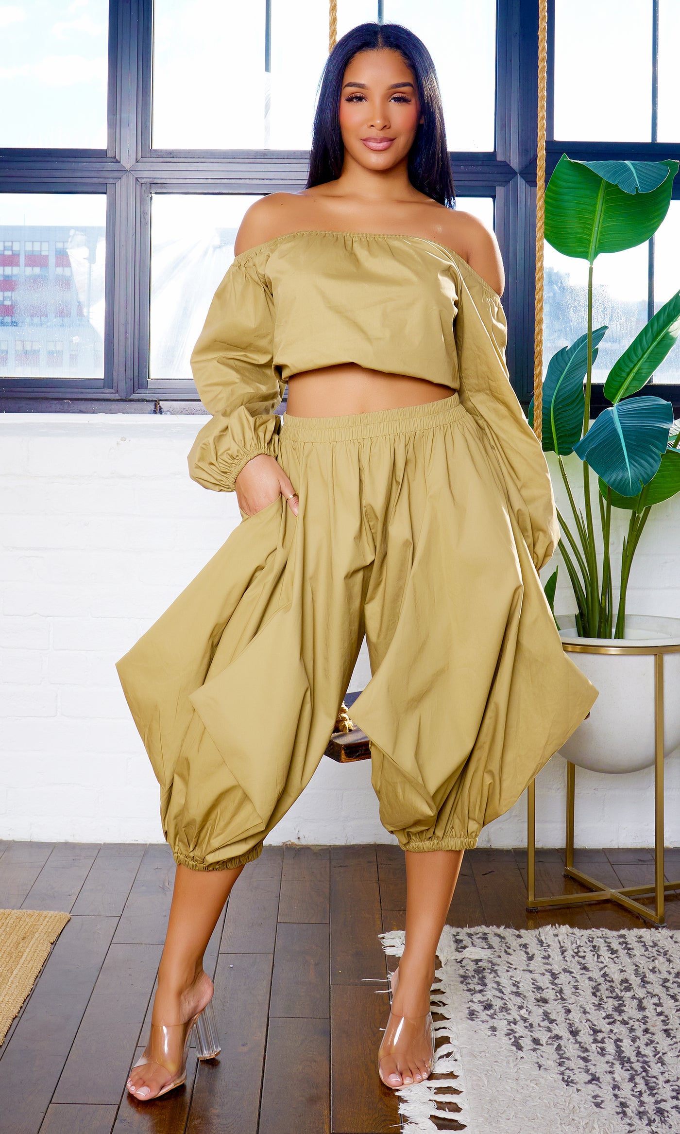 Erika Off-Shoulder Puff Long Sleeve & Puff Leg Pants Set - Olive