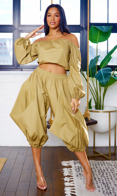 Erika Off-Shoulder Puff Long Sleeve & Puff Leg Pants Set - Olive