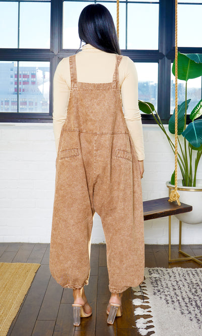 Harem Denim Overall Jumpsuit - Dark Brown