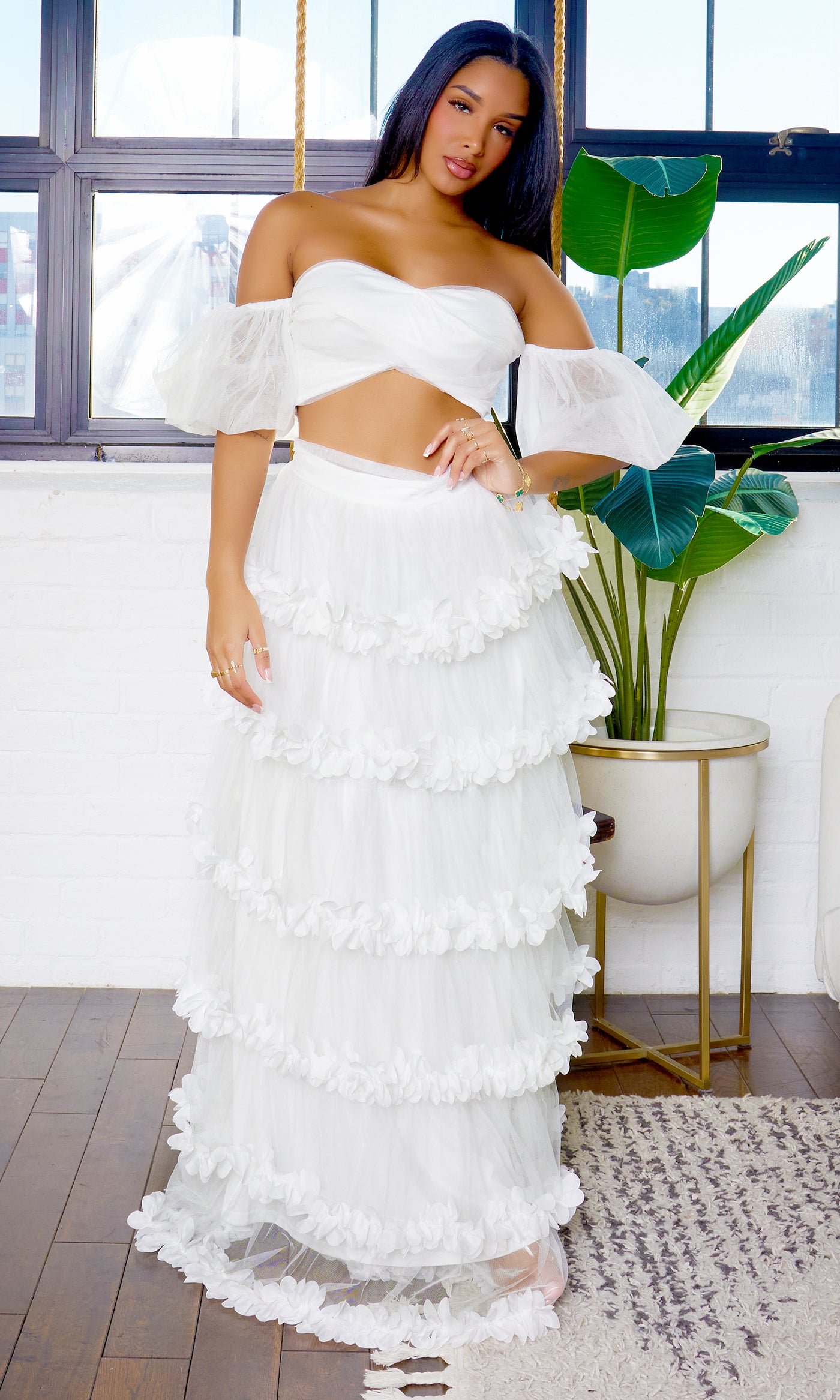 Gabriela Off Shoulder Puff Sleeve Crop Top Ruffles Long Skirt Set - White PREORDER