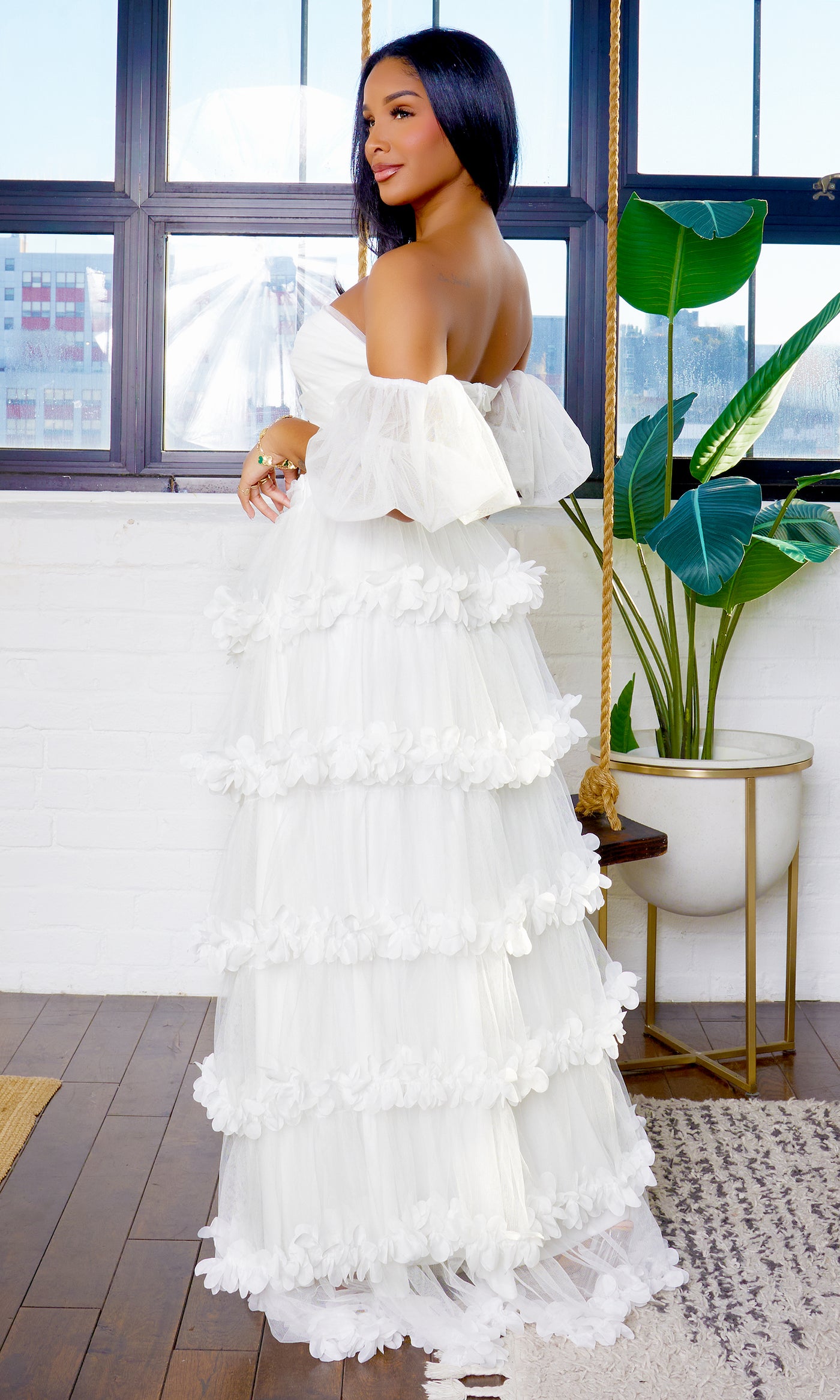 Gabriela Off Shoulder Puff Sleeve Crop Top Ruffles Long Skirt Set - White PREORDER