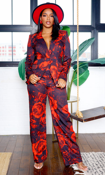 Peyton | Bold Red Rose Pants Suit