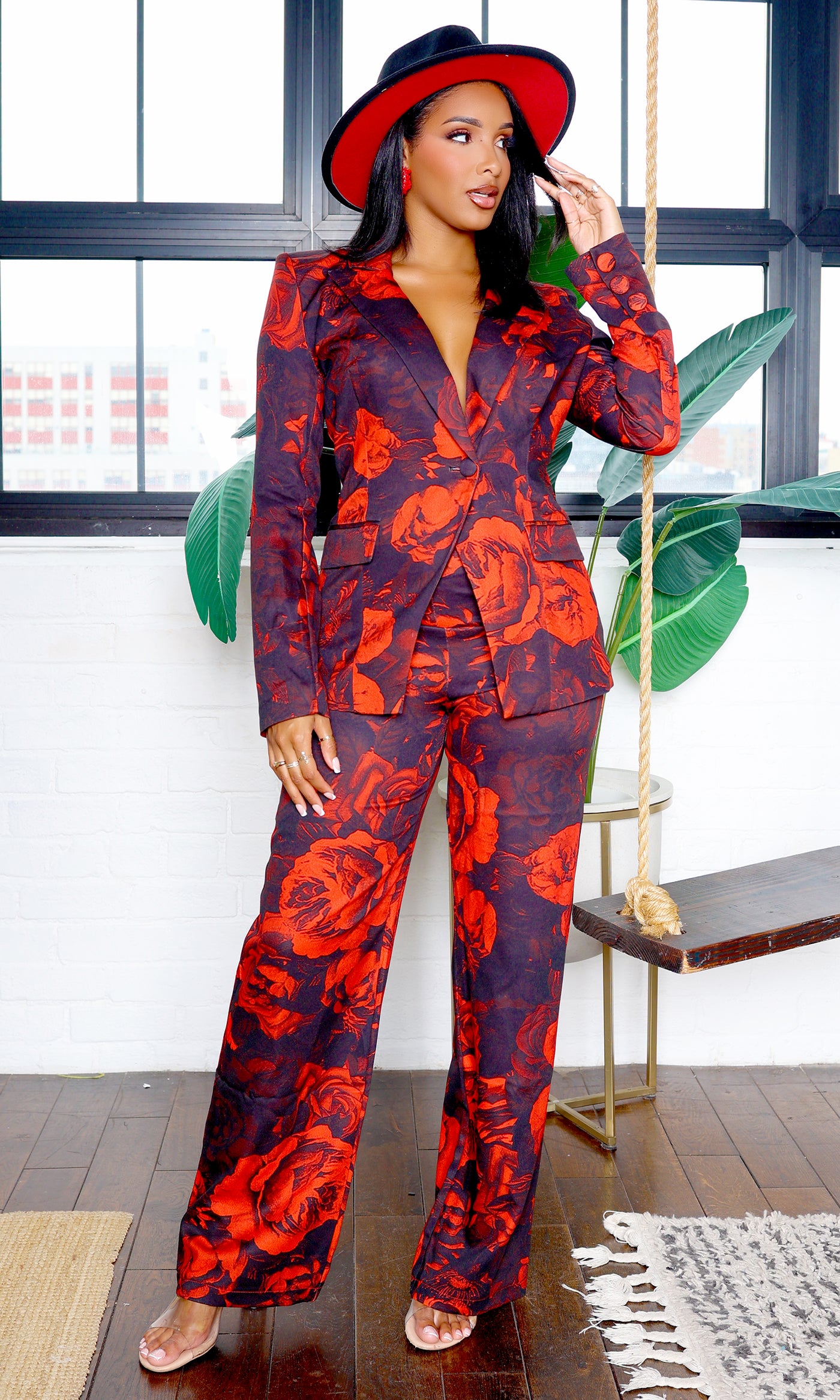 Peyton | Bold Red Rose Pants Suit