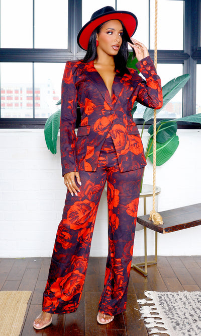 Peyton | Bold Red Rose Pants Suit