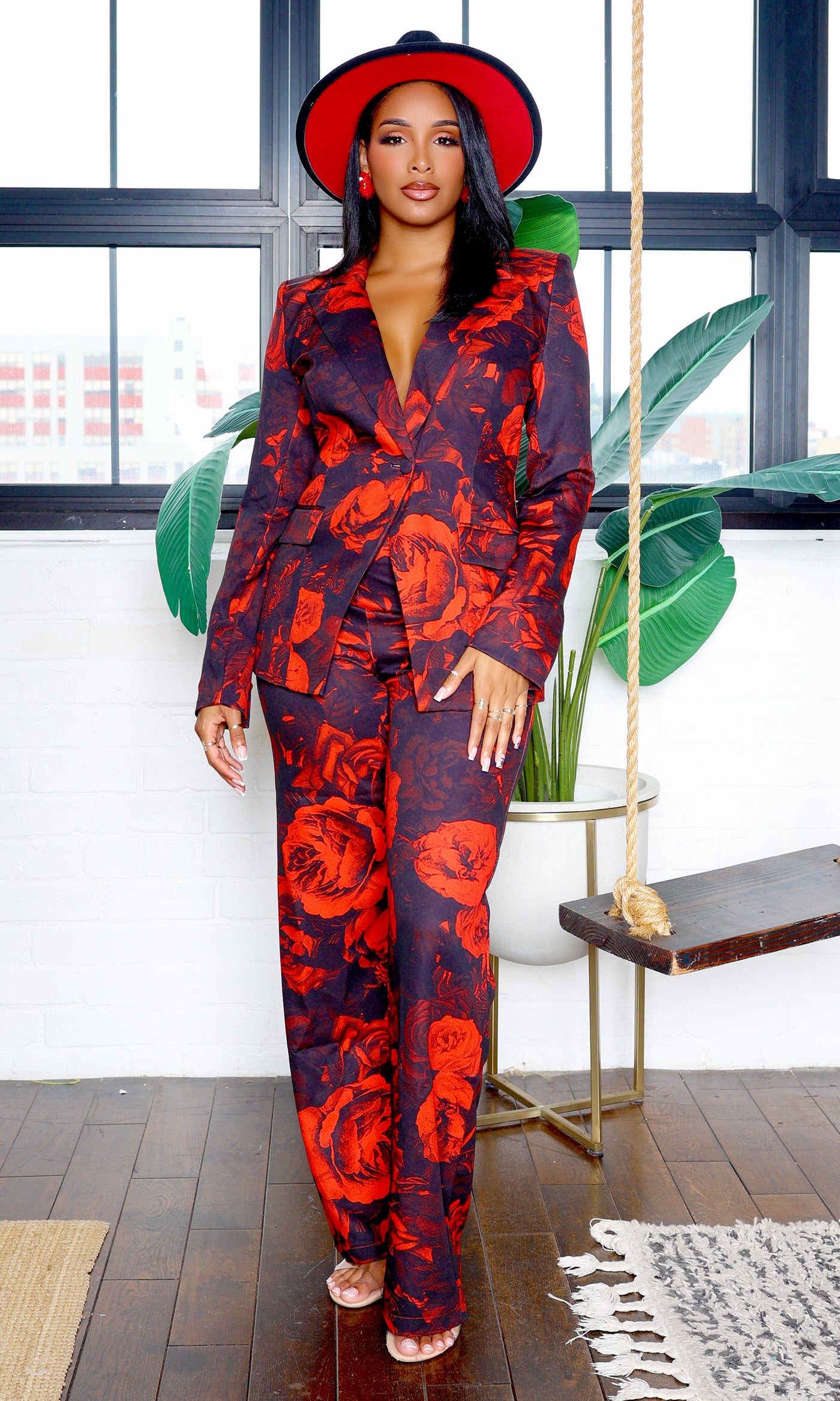 Peyton | Bold Red Rose Pants Suit