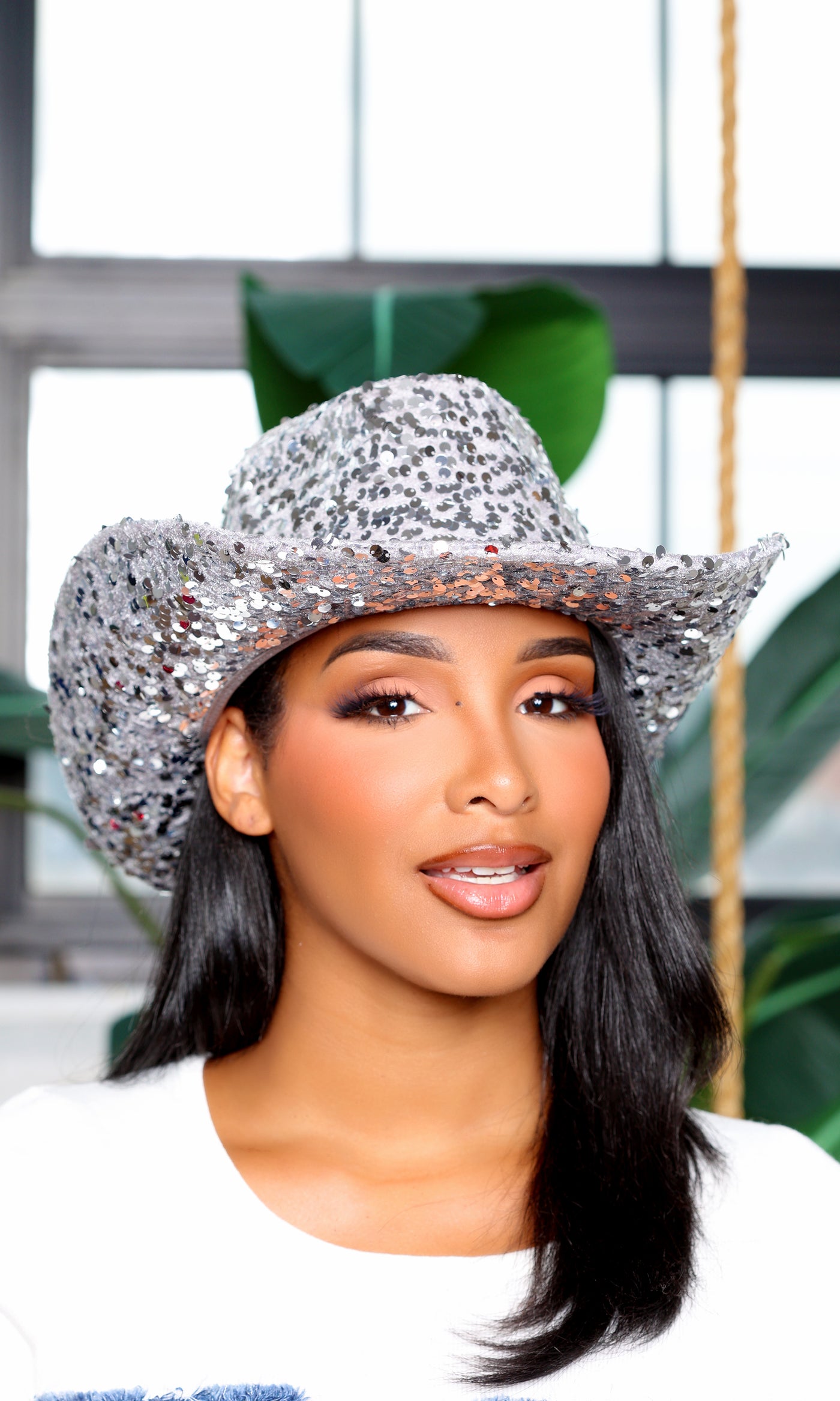 Sparkling Western Charm | Sequin Cowgirl Hat - Silver